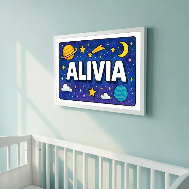 Adventurous personalized space name art for Alivia