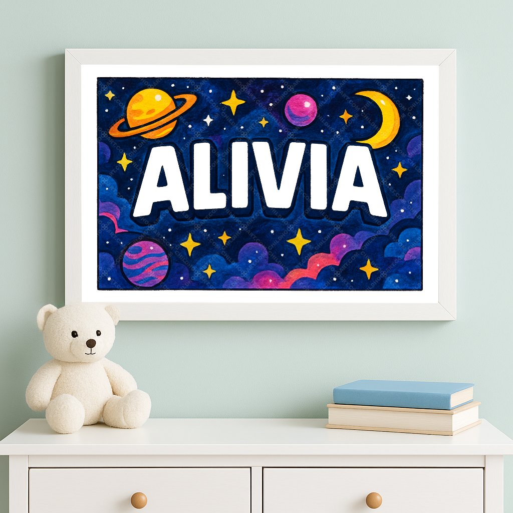Personalized space nursery art for kids – Alivia name print