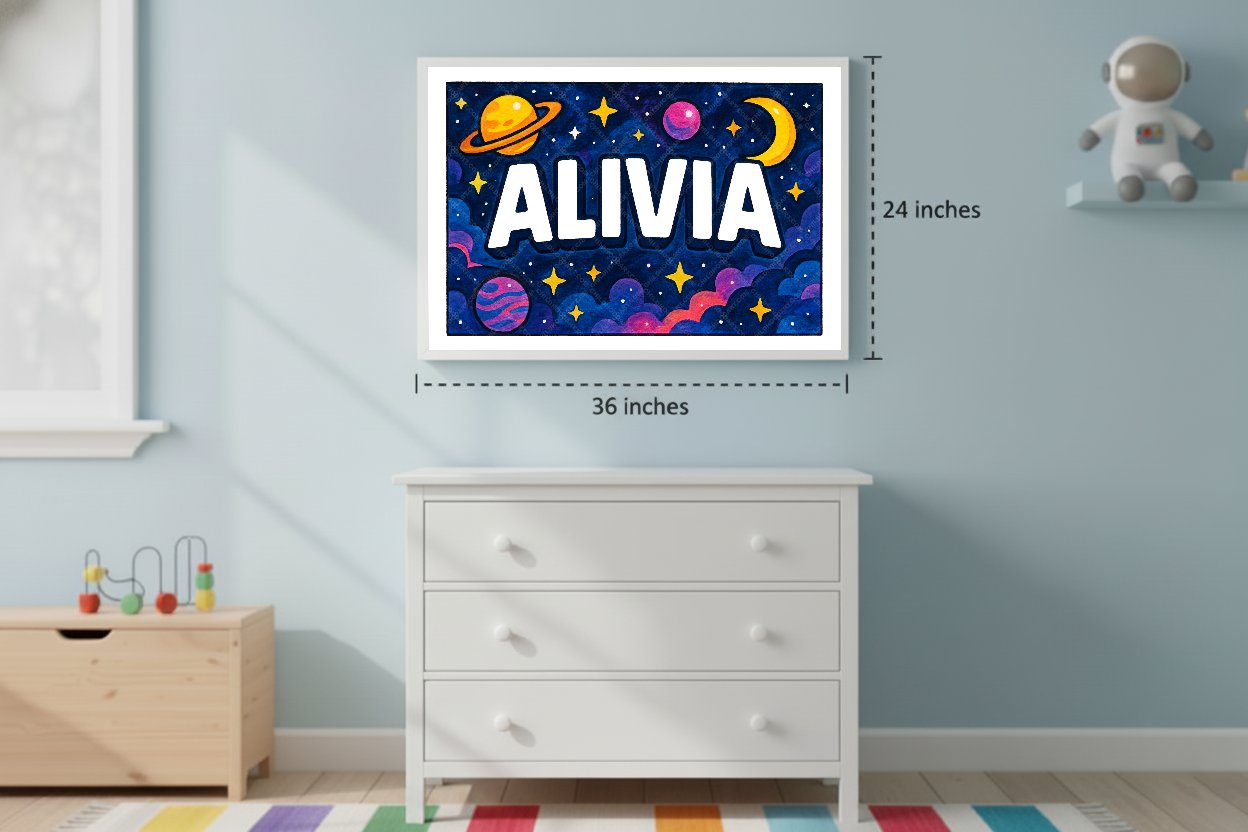 Personalized space nursery art for kids – Alivia name print