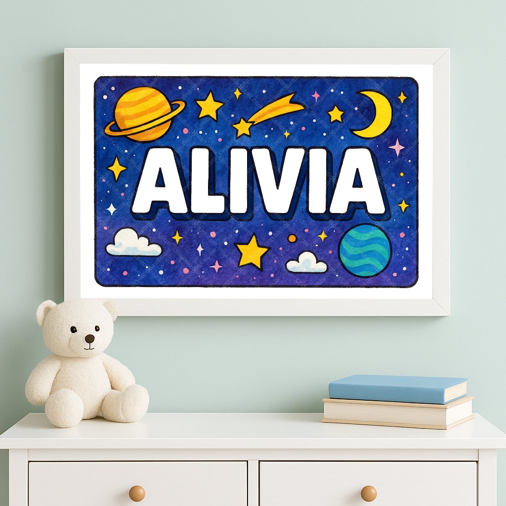 Personalized space nursery art for kids – Alivia name print