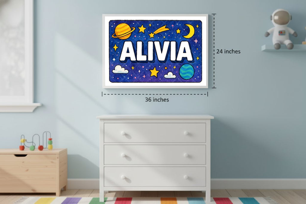 Personalized space nursery art for kids – Alivia name print