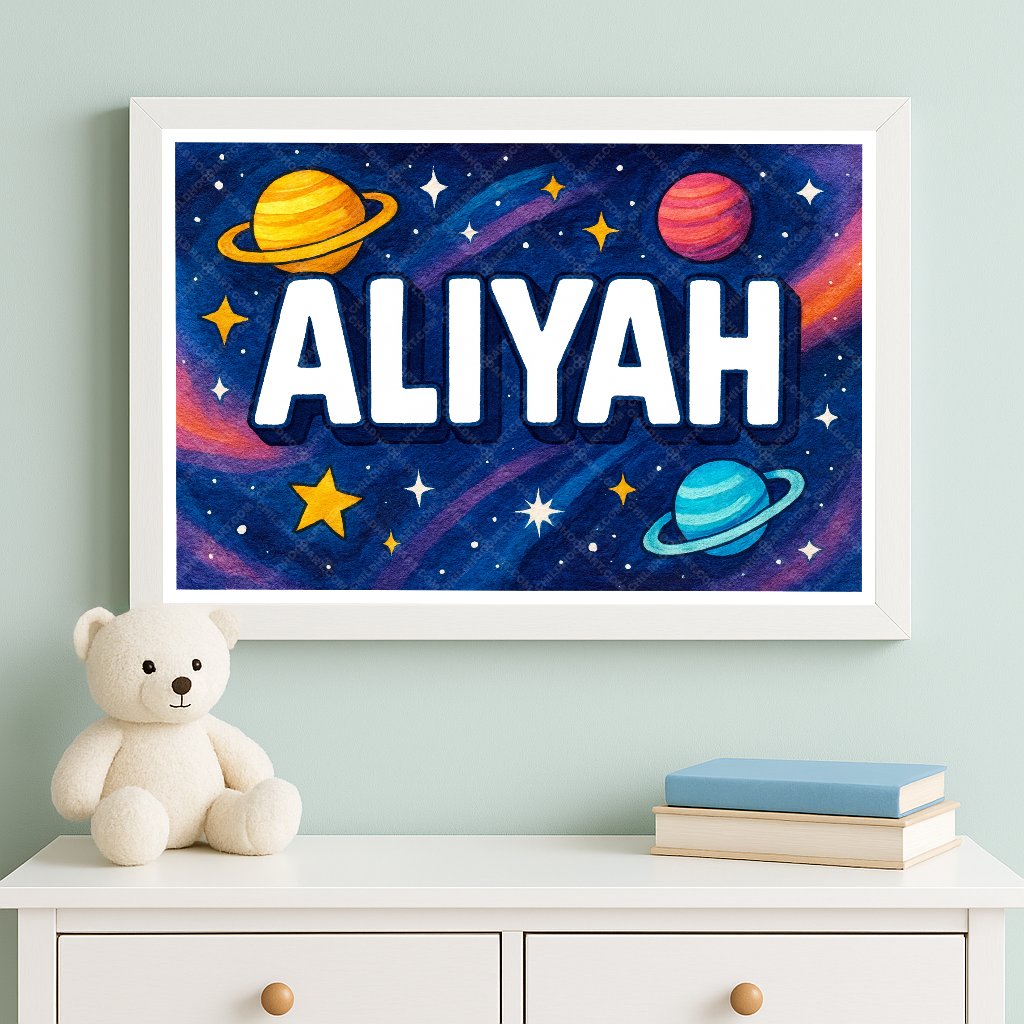 Personalized space nursery art for kids – Aliyah name print