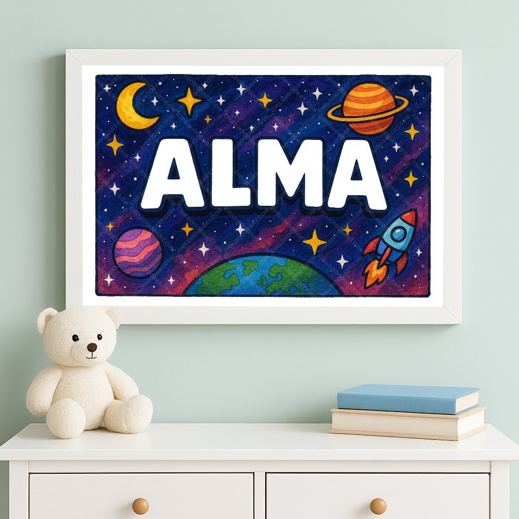 Personalized space nursery art for kids – Alma name print