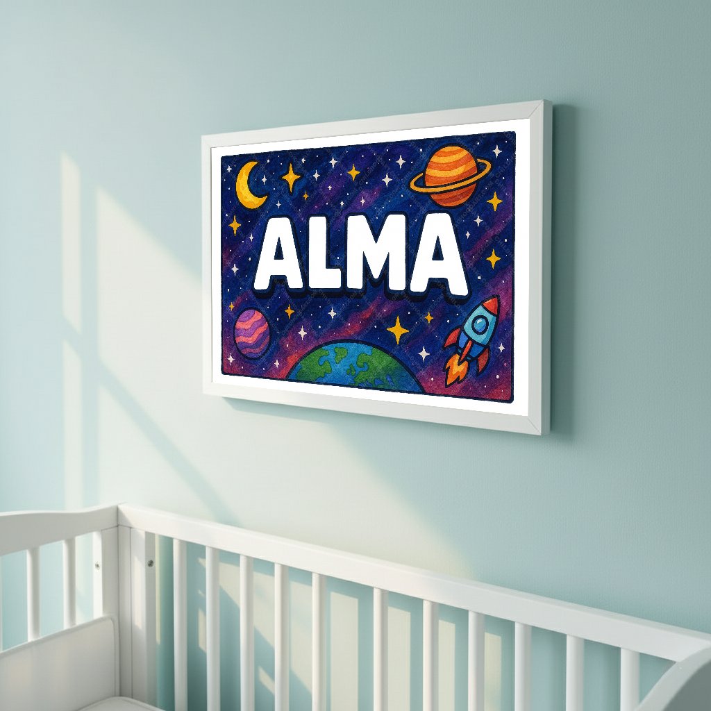Personalized space nursery art for kids – Alma name print