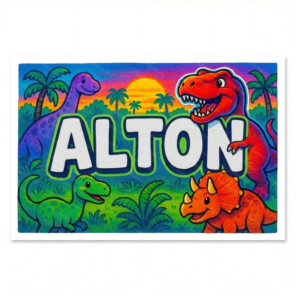 Personalized Alton name art print in the Dinosaur adventure style