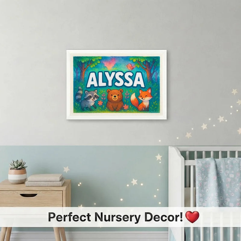 Alyssa Name Art - Forest Friends personalized wall print for kids