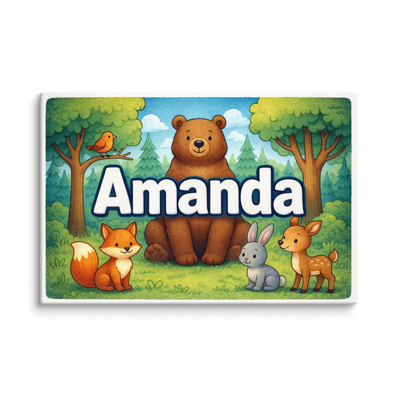 Amanda Name Art - Forest Friends personalized wall print for kids