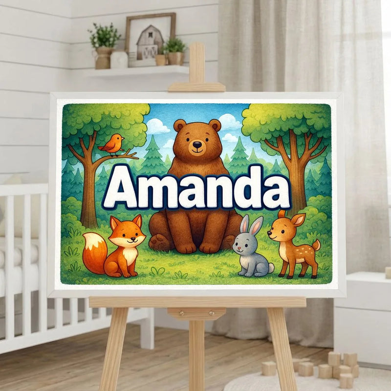 Amanda Name Art - Forest Friends personalized wall print for kids