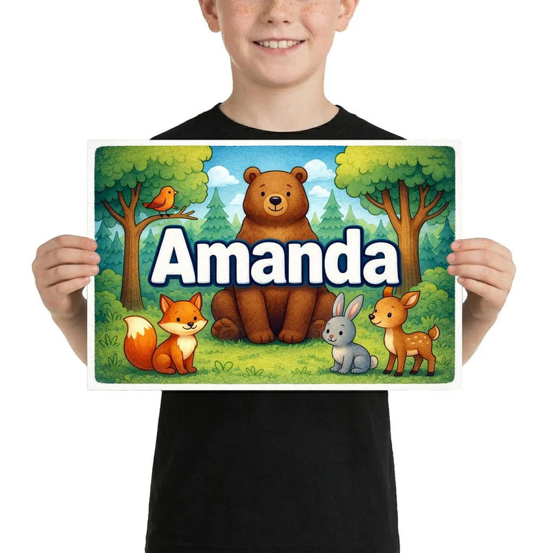 Amanda Name Art - Forest Friends personalized wall print for kids