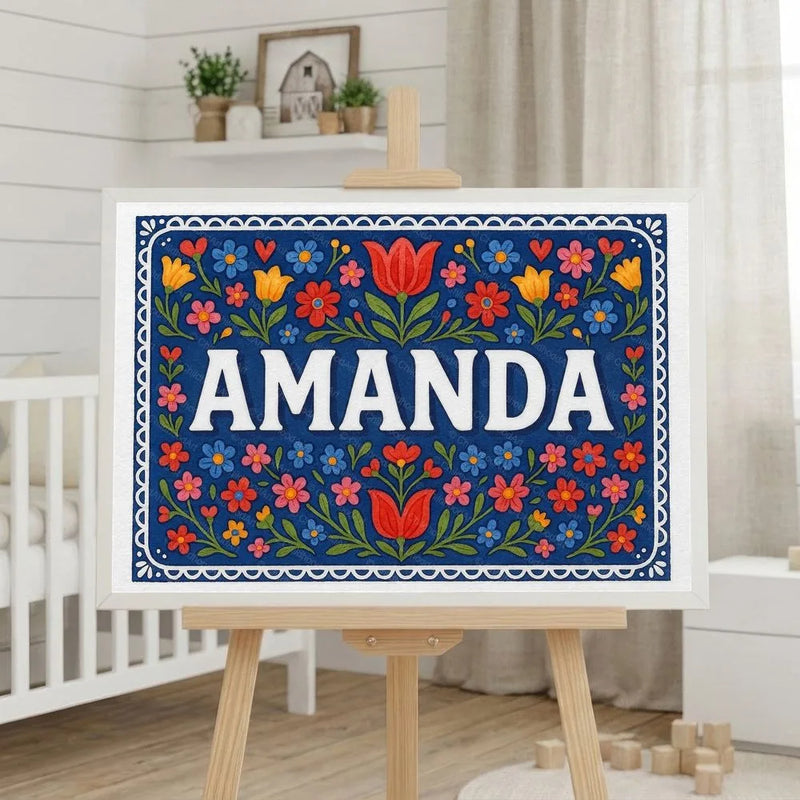 Amanda Name Art - Floral Farmhouse personalized wall print for kids