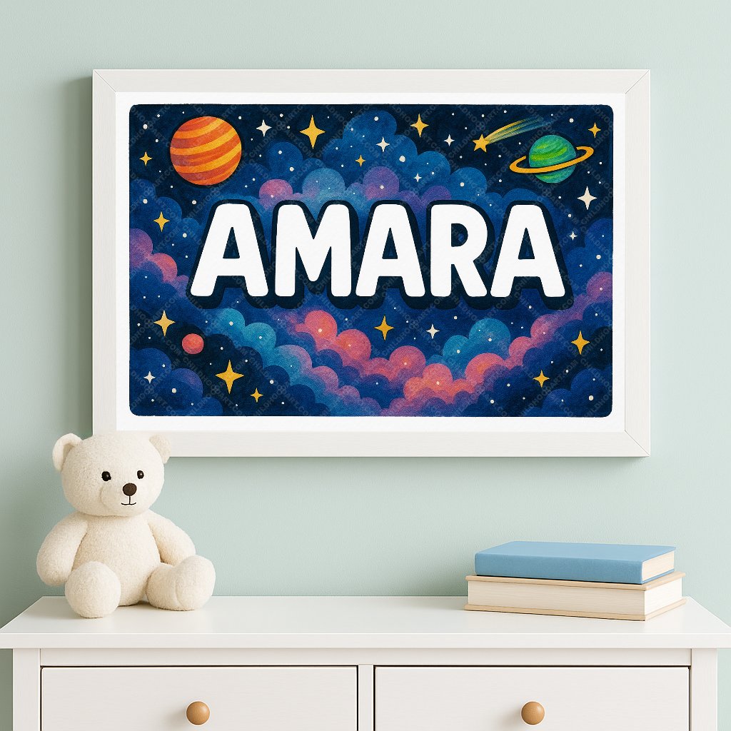 Personalized space nursery art for kids – Amara name print
