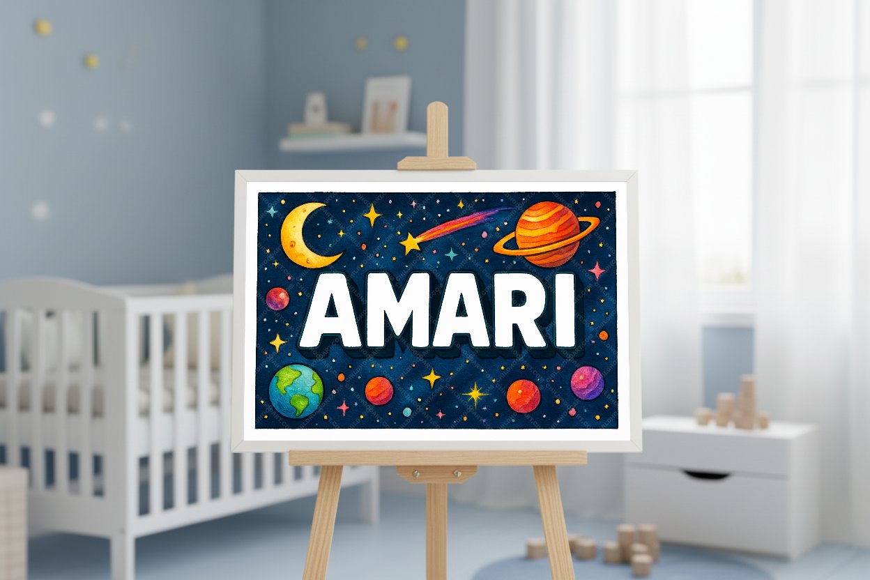 Personalized space nursery art for kids – Amari name print