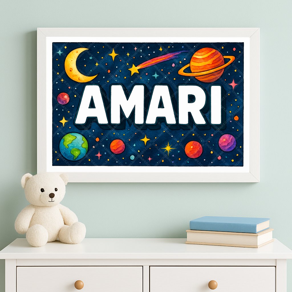 Personalized space nursery art for kids – Amari name print