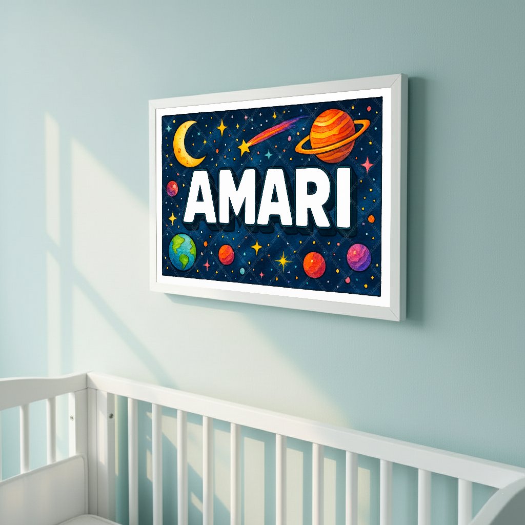 Personalized space nursery art for kids – Amari name print