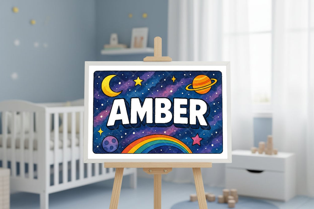 Personalized space nursery art for kids – Amber name print