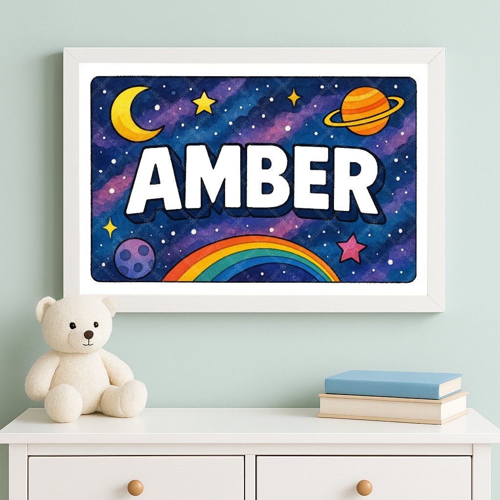 Personalized space nursery art for kids – Amber name print