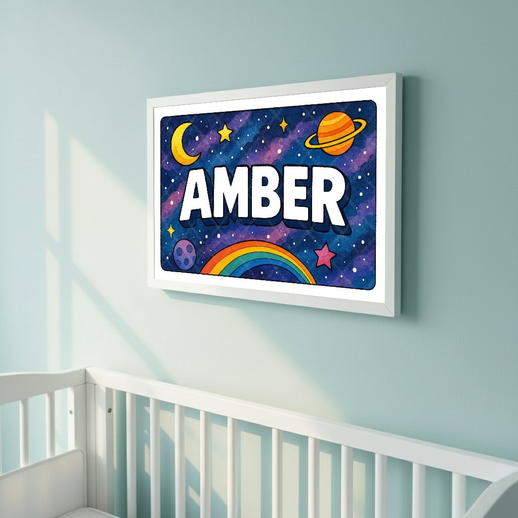 Personalized space nursery art for kids – Amber name print