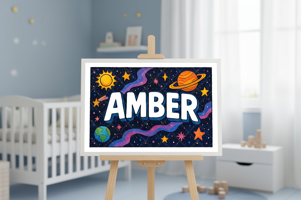 Personalized space nursery art for kids – Amber name print