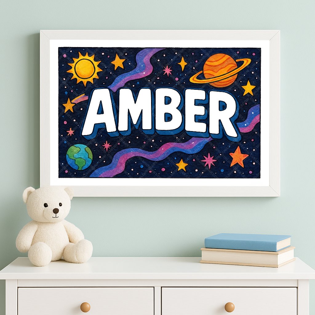 Personalized space nursery art for kids – Amber name print
