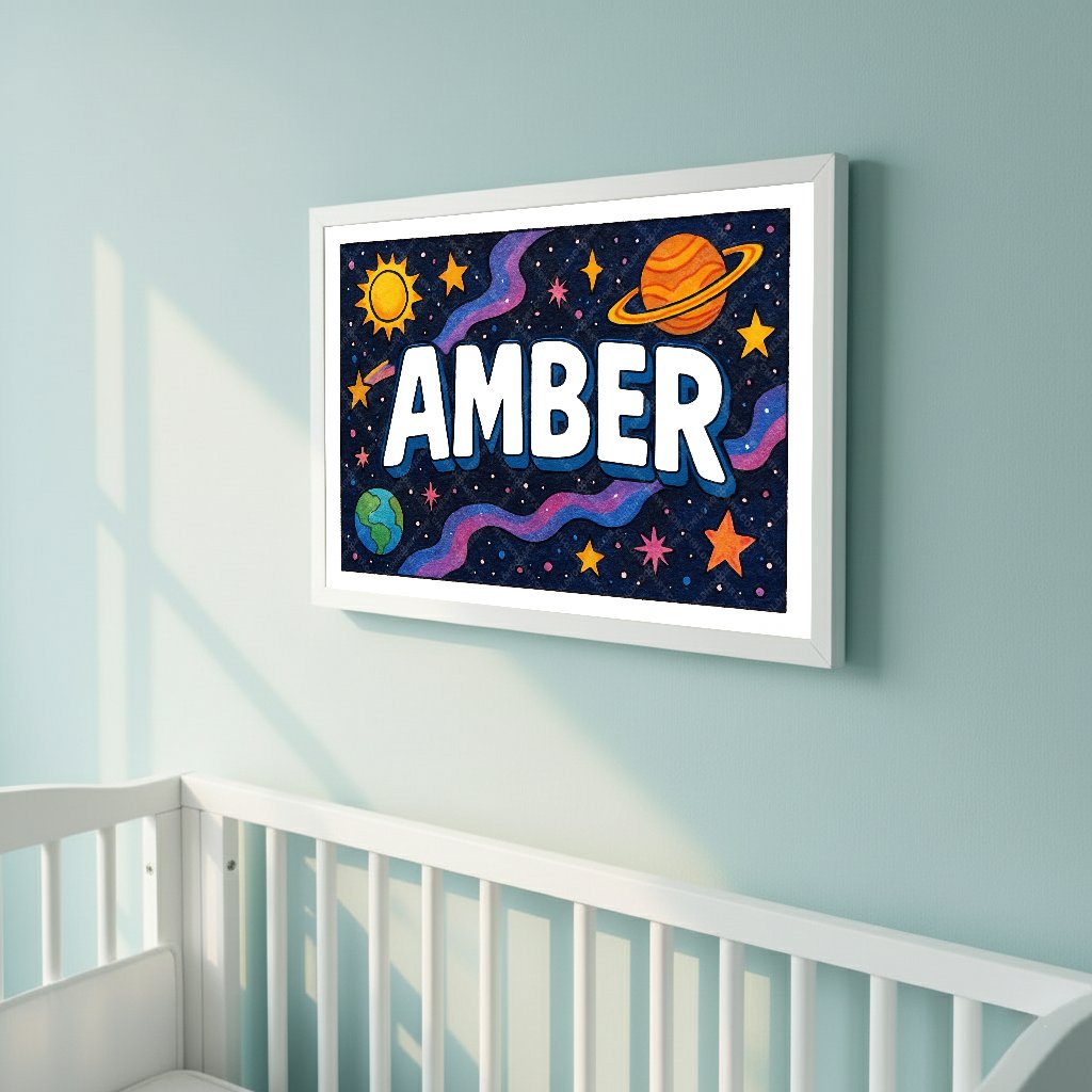 Personalized space nursery art for kids – Amber name print