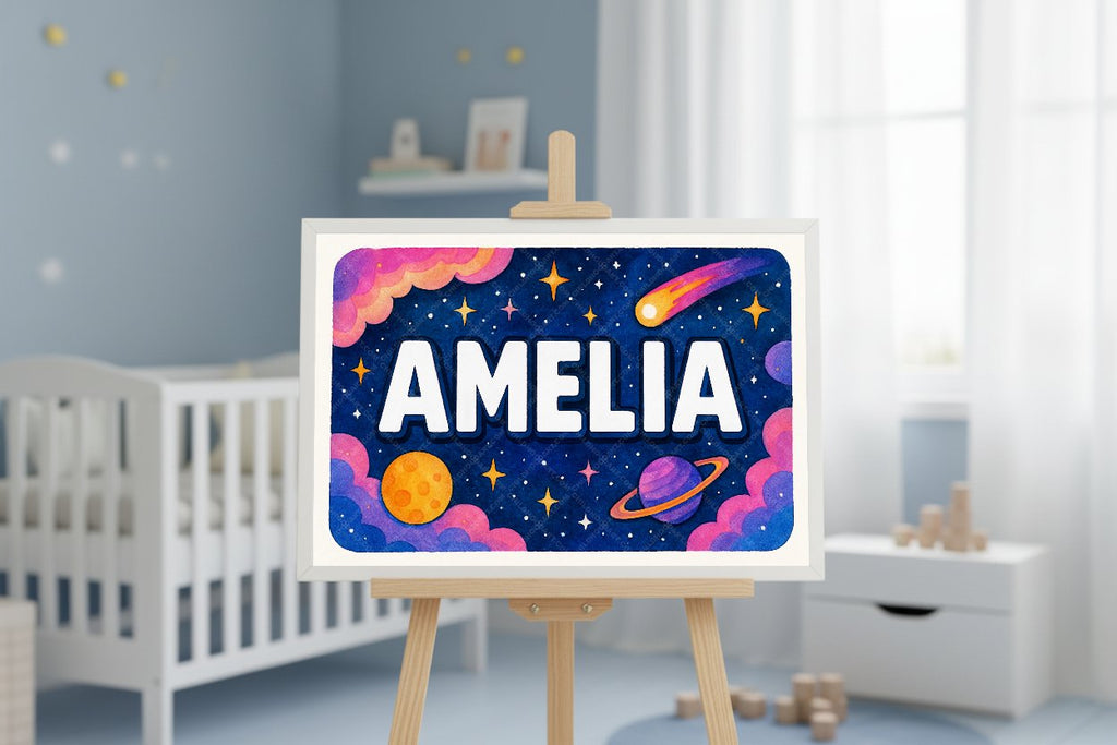 Personalized space nursery art for kids – Amelia name print