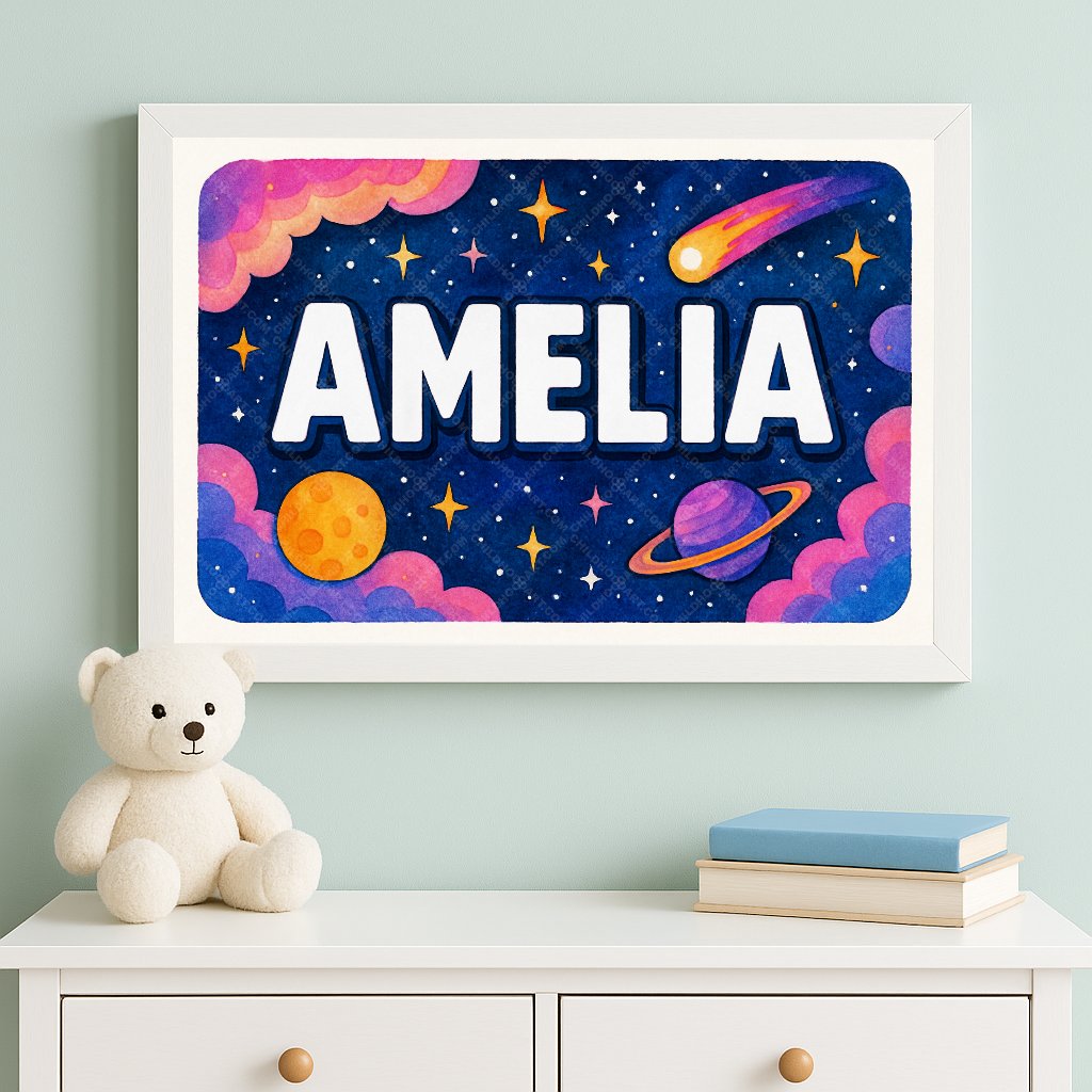 Personalized space nursery art for kids – Amelia name print