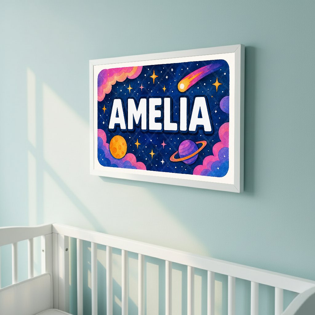 Personalized space nursery art for kids – Amelia name print