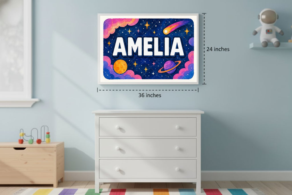 Personalized space nursery art for kids – Amelia name print