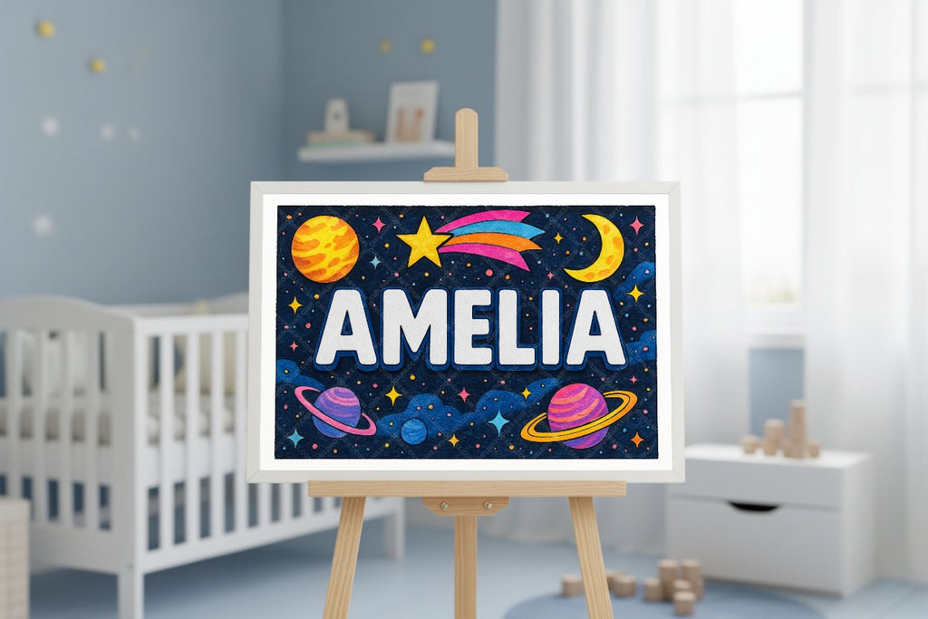 Personalized space nursery art for kids – Amelia name print