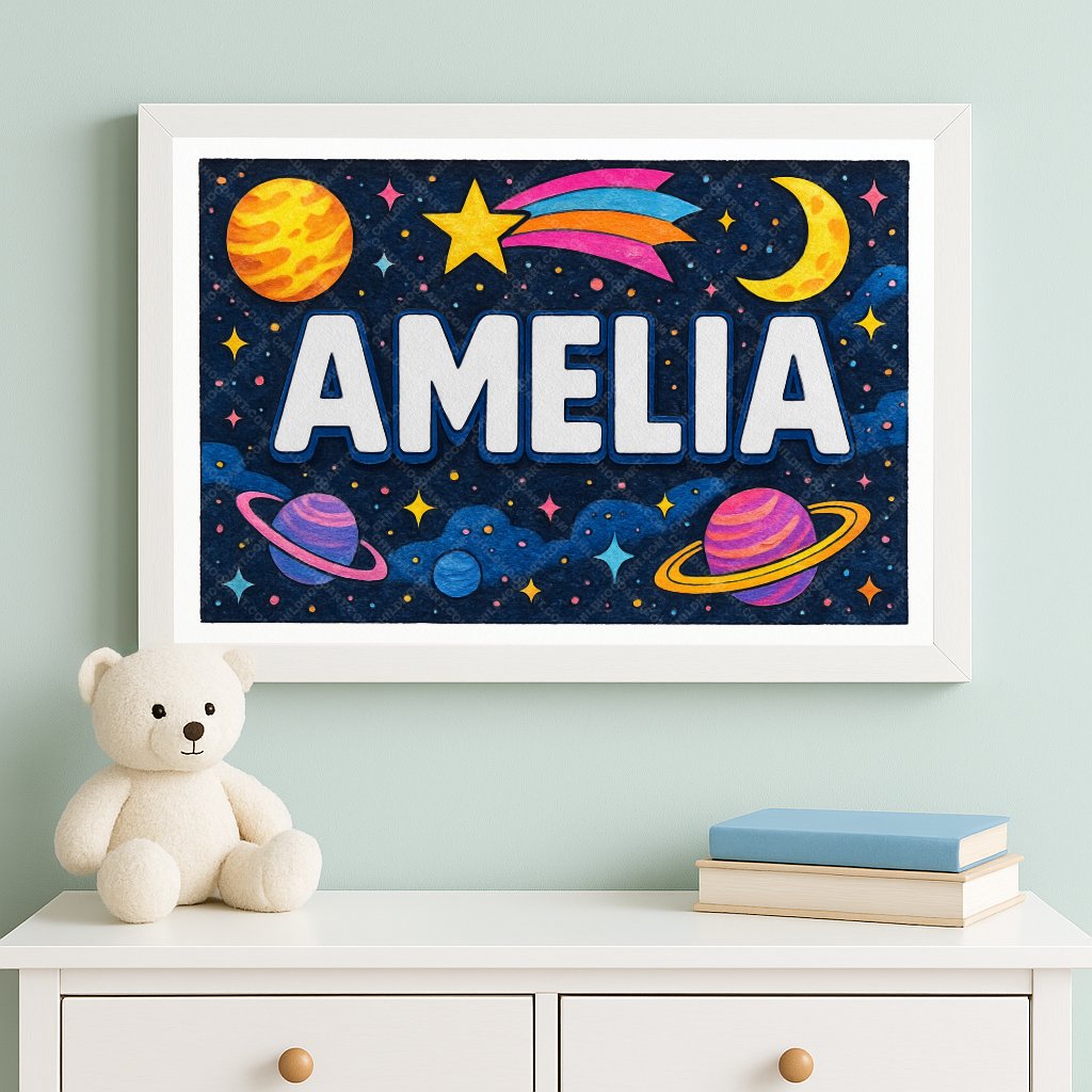 Personalized space nursery art for kids – Amelia name print