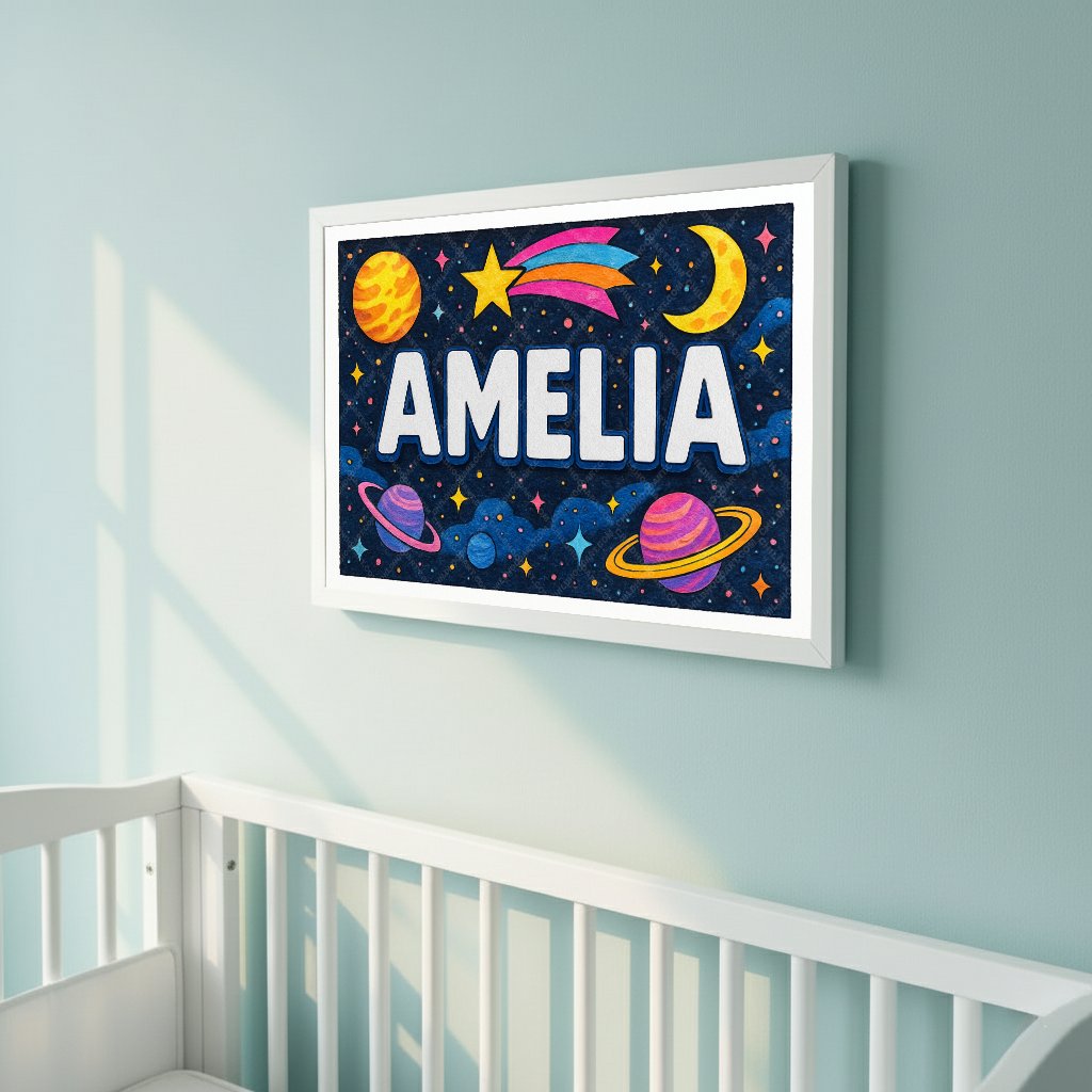 Personalized space nursery art for kids – Amelia name print