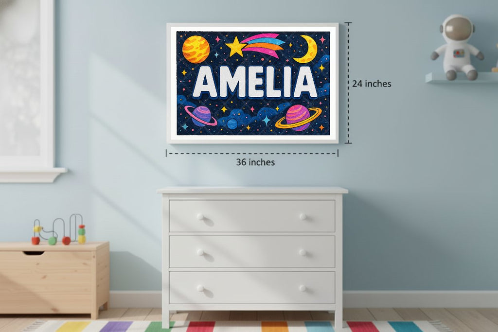 Personalized space nursery art for kids – Amelia name print