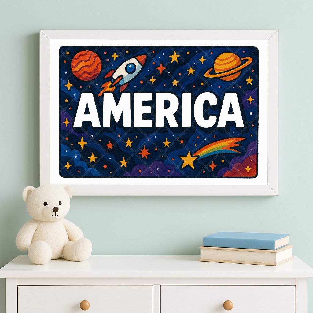 Personalized space nursery art for kids – America name print