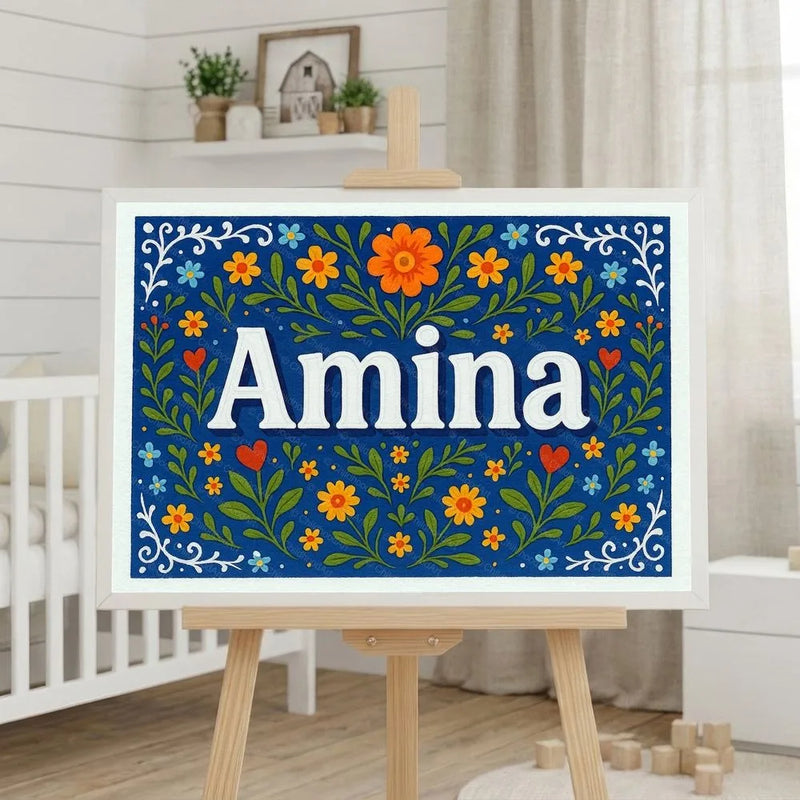 Amina Name Art - Floral Farmhouse personalized wall print for kids