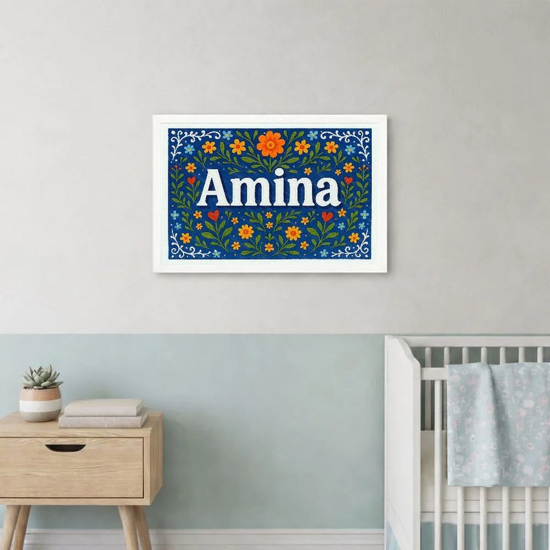 Amina Name Art - Floral Farmhouse personalized wall print for kids