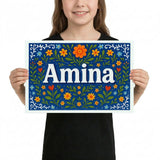 Amina Name Art - Floral Farmhouse personalized wall print for kids