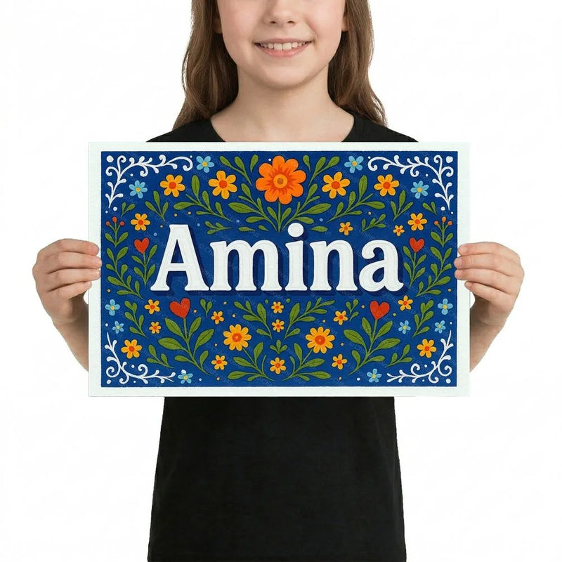 Amina Name Art - Floral Farmhouse personalized wall print for kids