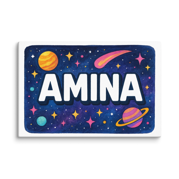 Space explorers themed name art featuring Amina