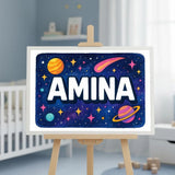Amina Name Art - Space Explorers personalized wall print for kids