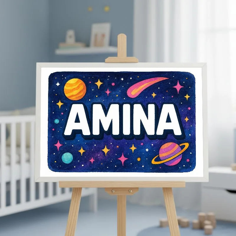 Amina Name Art - Space Explorers personalized wall print for kids