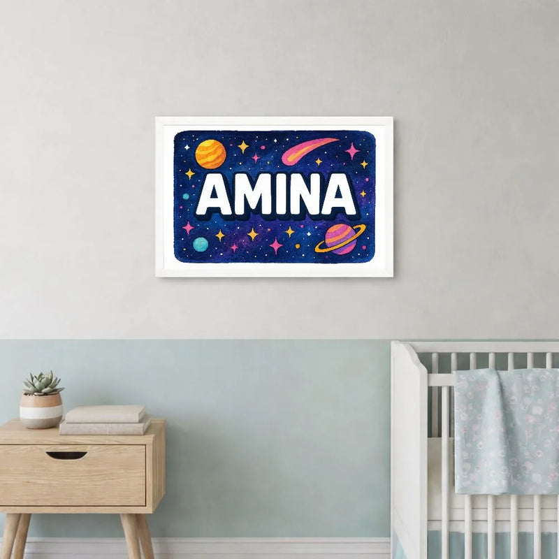 Amina Name Art - Space Explorers personalized wall print for kids