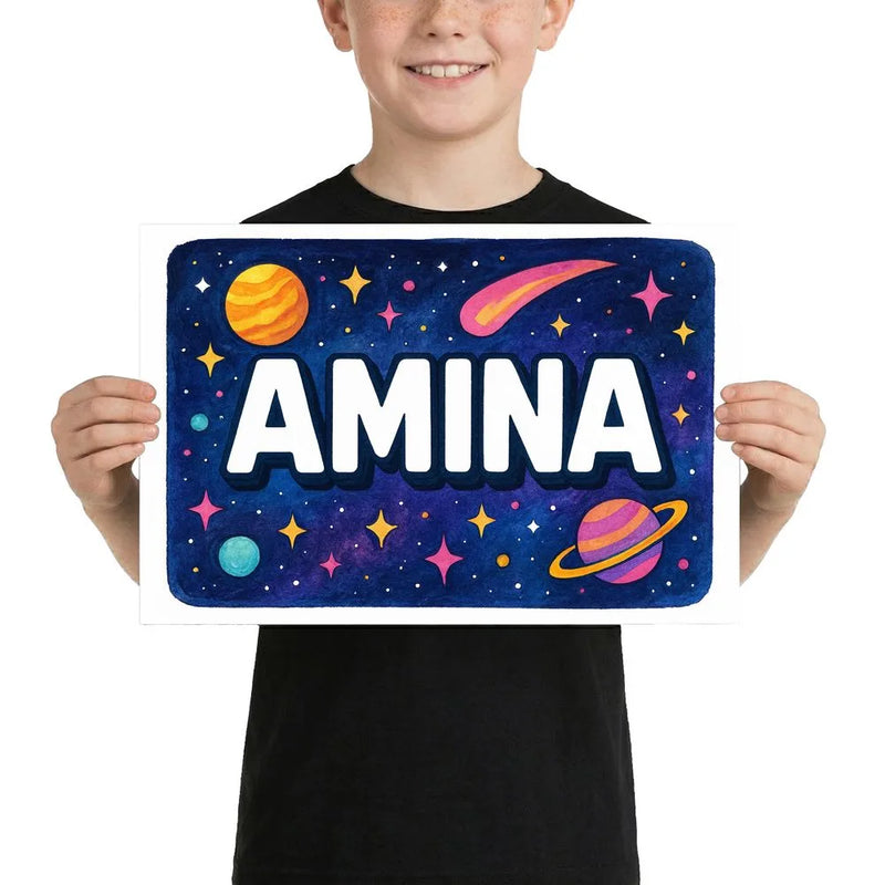 Amina Name Art - Space Explorers personalized wall print for kids