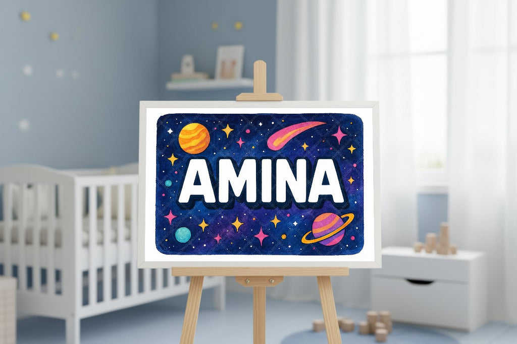 Personalized space nursery art for kids – Amina name print