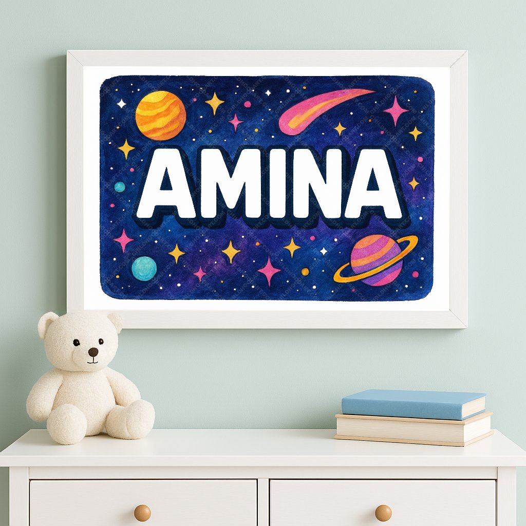 Personalized space nursery art for kids – Amina name print