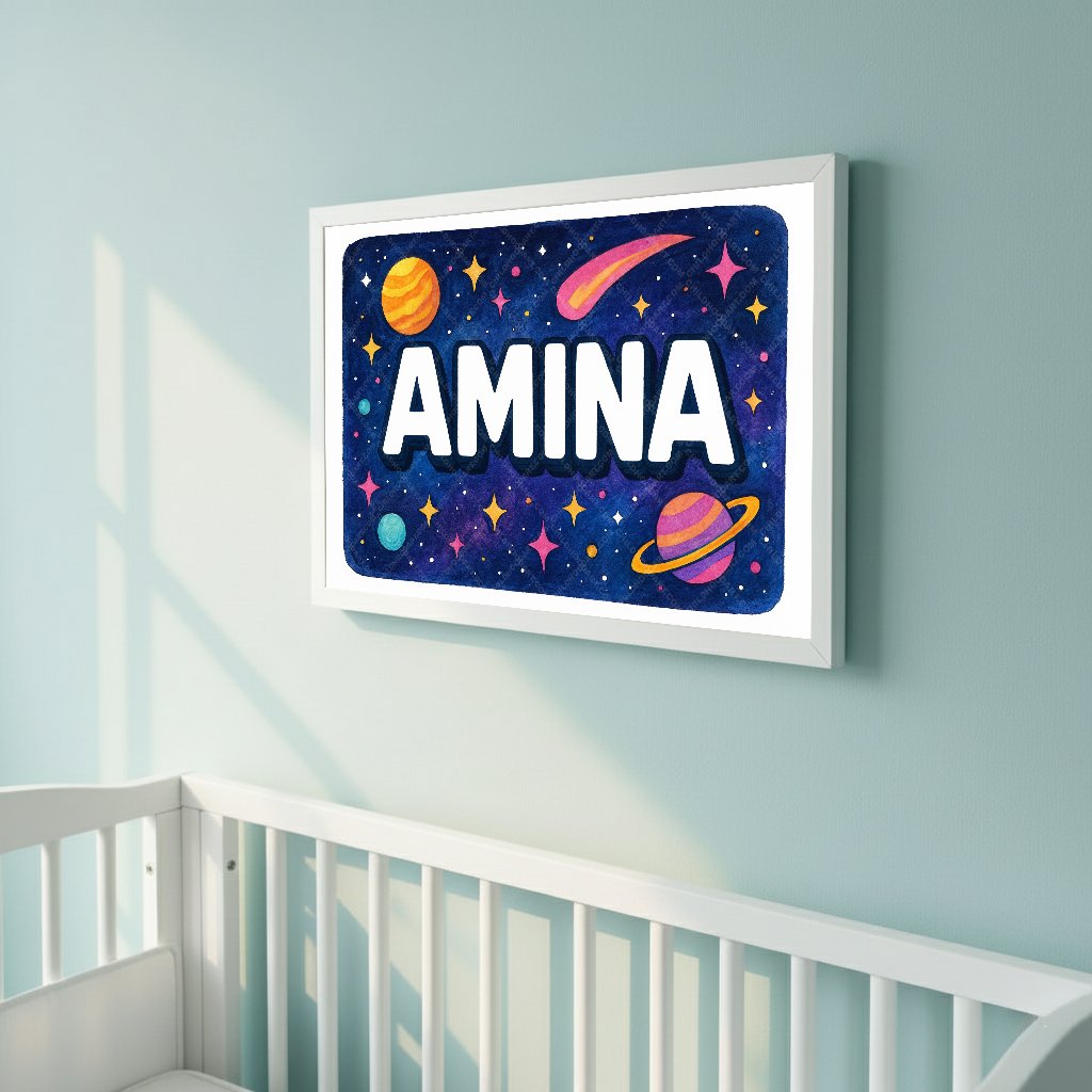Personalized space nursery art for kids – Amina name print