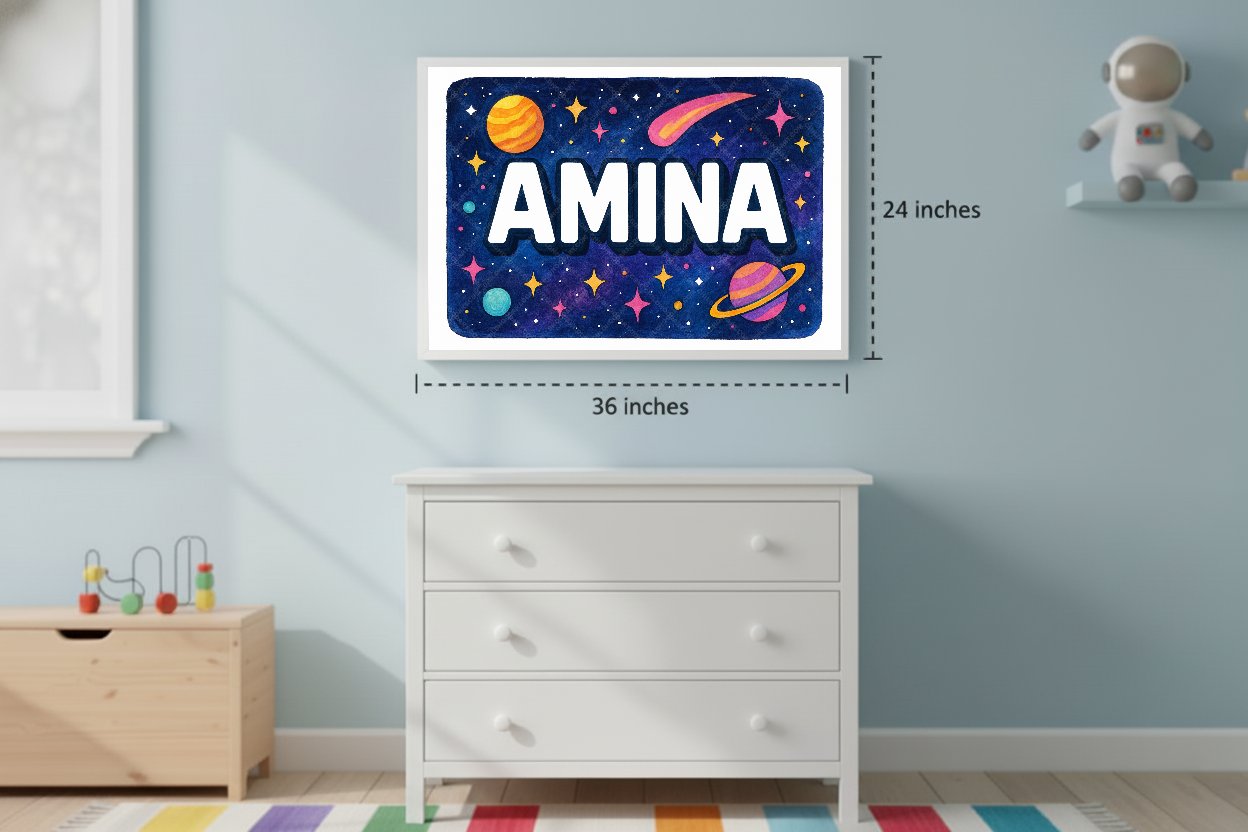 Personalized space nursery art for kids – Amina name print