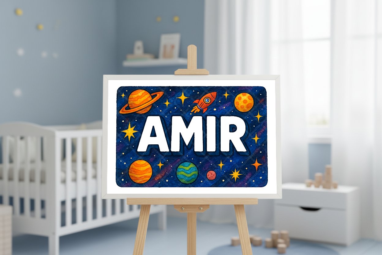 Personalized space nursery art for kids – Amir name print