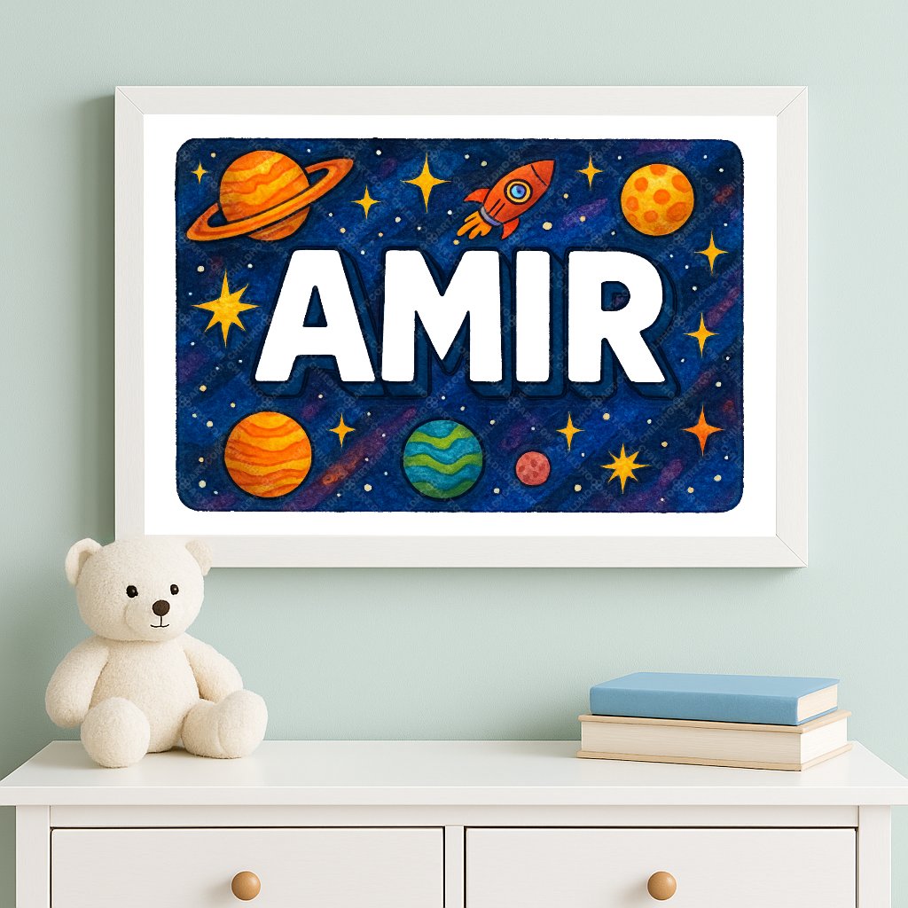 Personalized space nursery art for kids – Amir name print