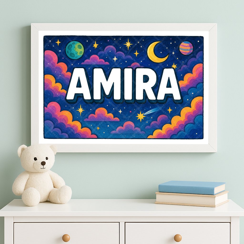 Personalized space nursery art for kids – Amira name print