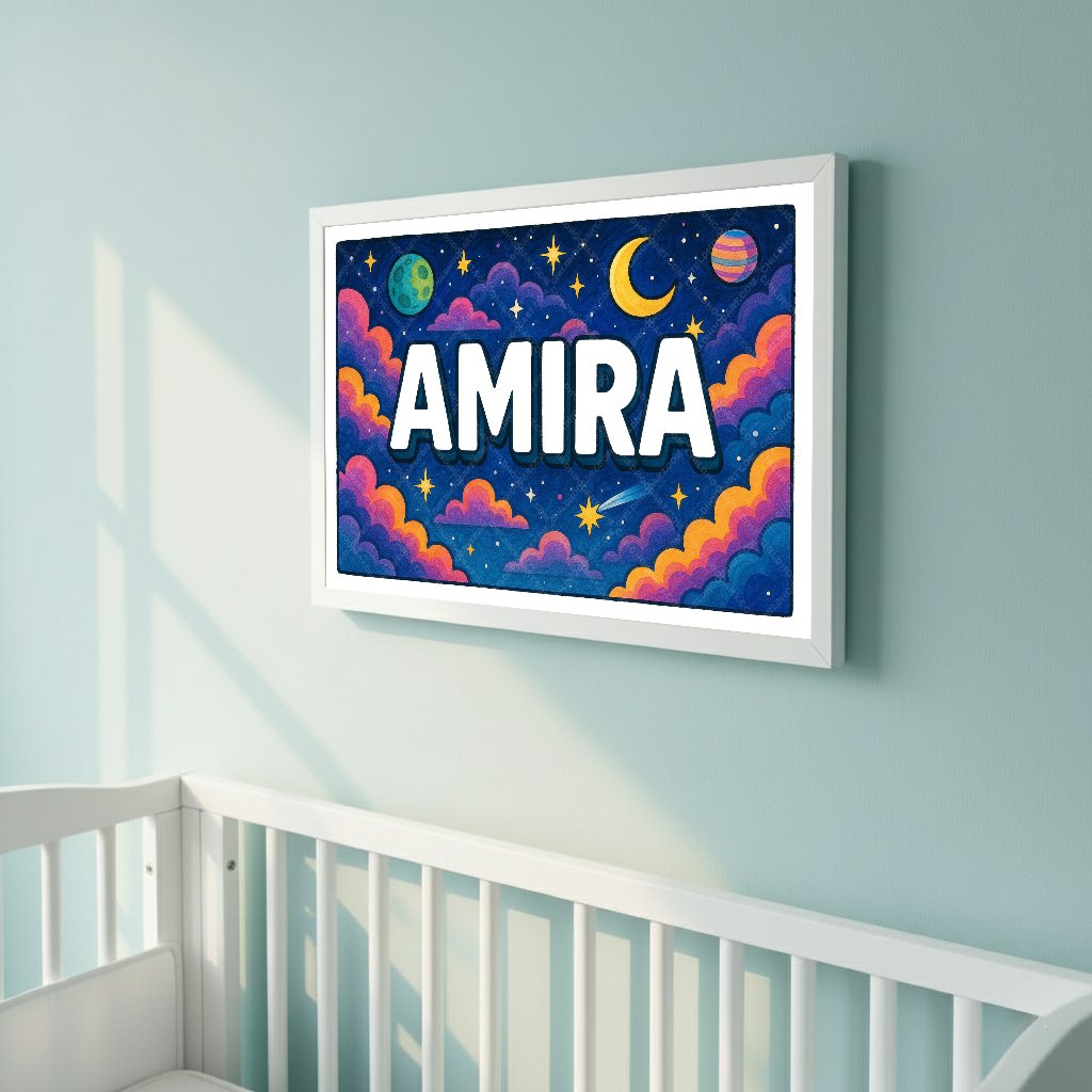 Personalized space nursery art for kids – Amira name print